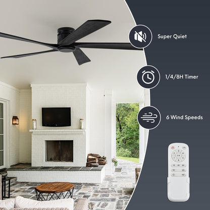 Vernal Life 64 Inch Modern Flush Mount Ceiling Fans no Light for Living Room, 5 Reversible Wood Blades, 6-Speeds, 110V Noiseless DC Motor (Black Finish with Black Blades)