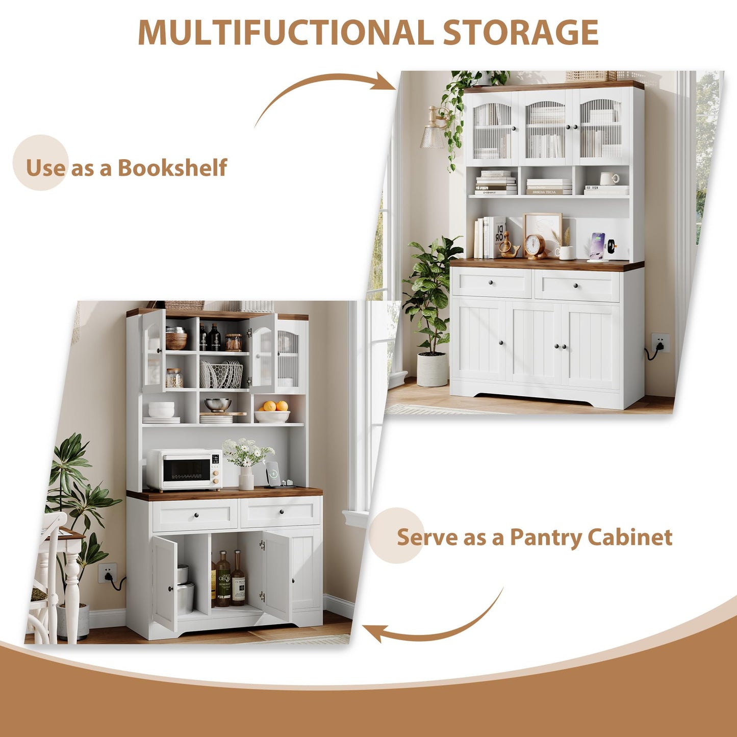 Garvee 71" Pantry Cabinet with Charging Station, Tall Kitchen Pantry Storage Cabinet with Microwave Stand, Farmhouse Kitchen Hutch with Storage Drawers for Living Room, Dining Room, White