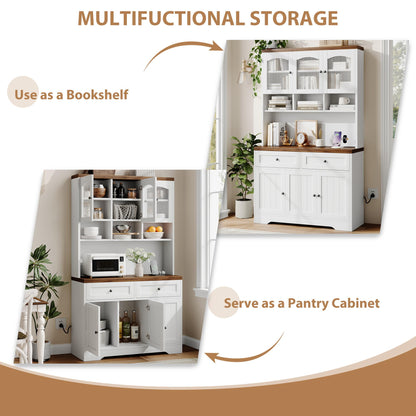 Garvee 71" Pantry Cabinet with Charging Station, Tall Kitchen Pantry Storage Cabinet with Microwave Stand, Farmhouse Kitchen Hutch with Storage Drawers for Living Room, Dining Room, White