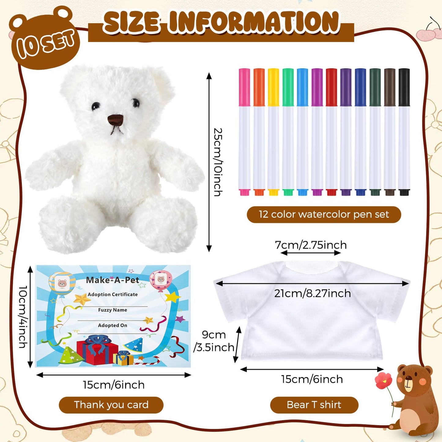 40 Pcs Make Your Own Stuffed Animal Bear Kit DIY 2026 Graduation Plush Gift 10 Pcs 9.84 Inches Rose Velvet Bear 10 White T Shirt 10 Set 12 Color Pen and Card for Graduates Party Craft Gift(White)