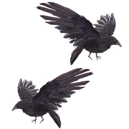 Etistta 2-Pack Realistic Crows Lifesize Extra Large Handmade Black Feathered Crow for Halloween Decorations Birds, XL (15 inch+15 inch)