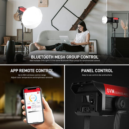 GVM 500W COB LED Video Light, APP Control, Bi-Color Continuous Output Lighting with Bowens Mount, 2700K-6800K, CRI/TLCI97+, 227040lux@1m, 12 Effects & 12 Sources for Studio Photography