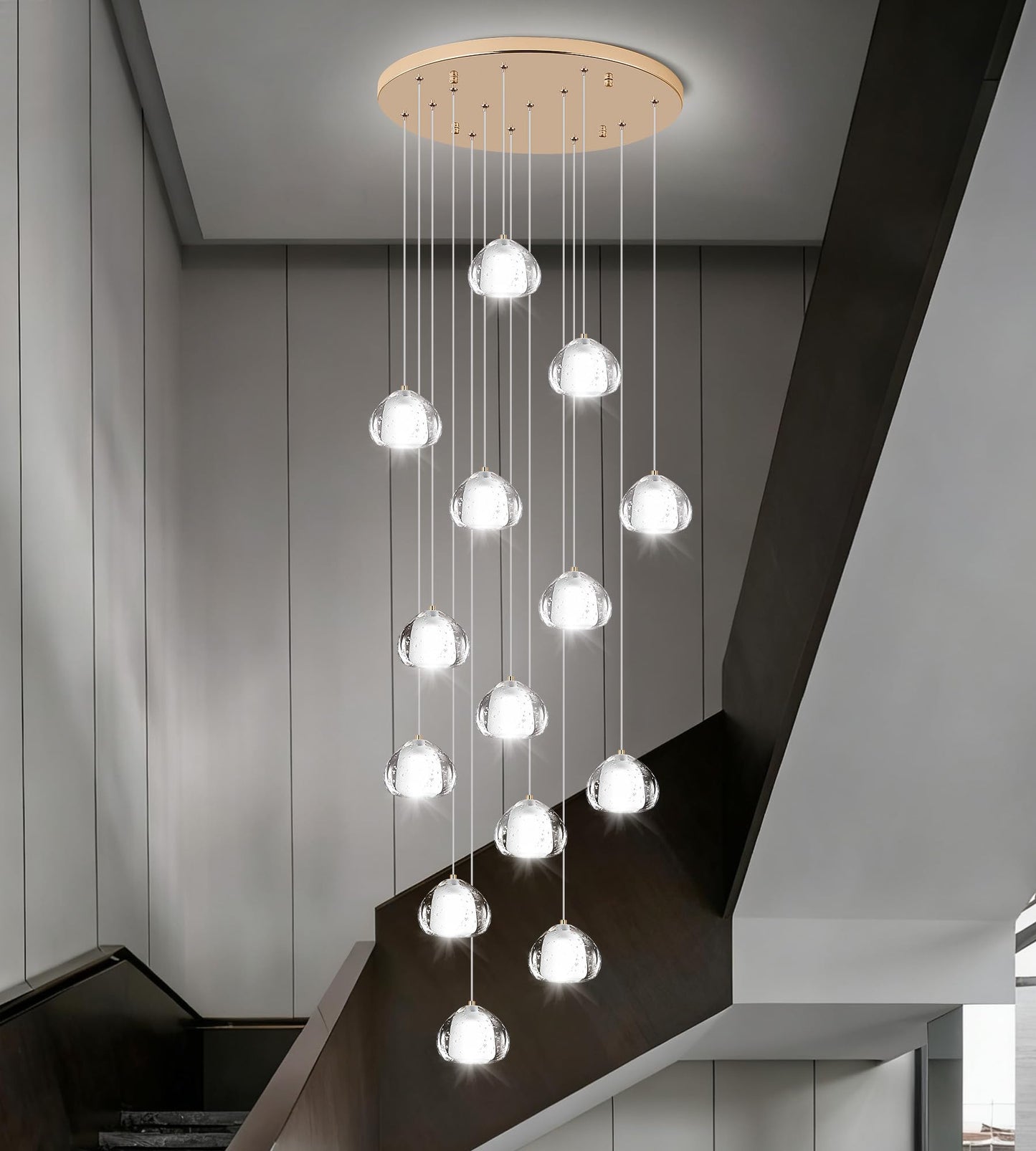 YwueChwu Gold Crystal Chandeliers for Staircase 14-Lights, H120 Inches Modern Indoor High Ceilings LED Pendant Light Fixture for Living Room Foyer Entryway