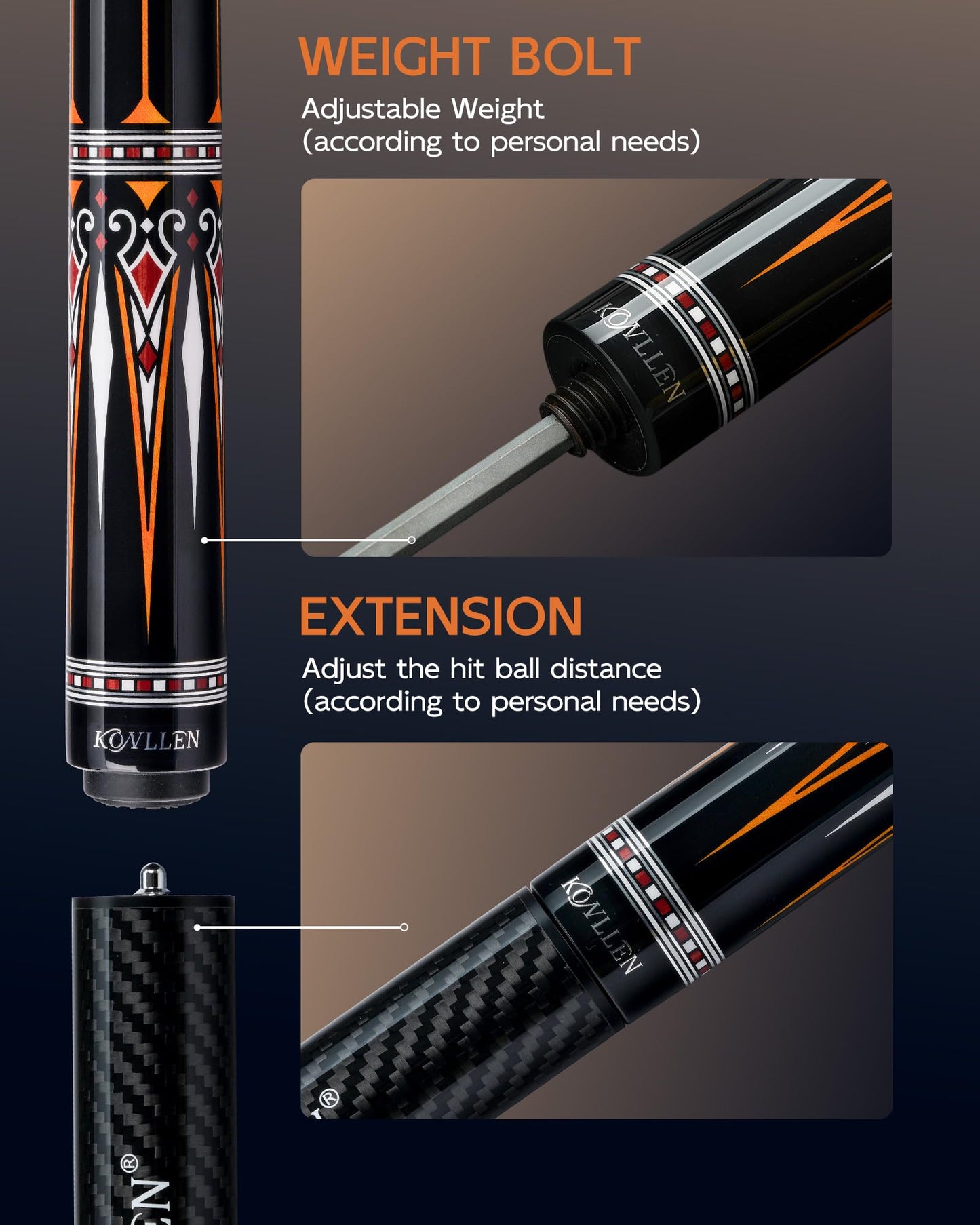 KONLLEN 2.0 Pool Cue Complete Set with Case & Extras | Carbon Fiber Pool Cue with Professional Taper | Low Deflection Shaft for Adults & League Players