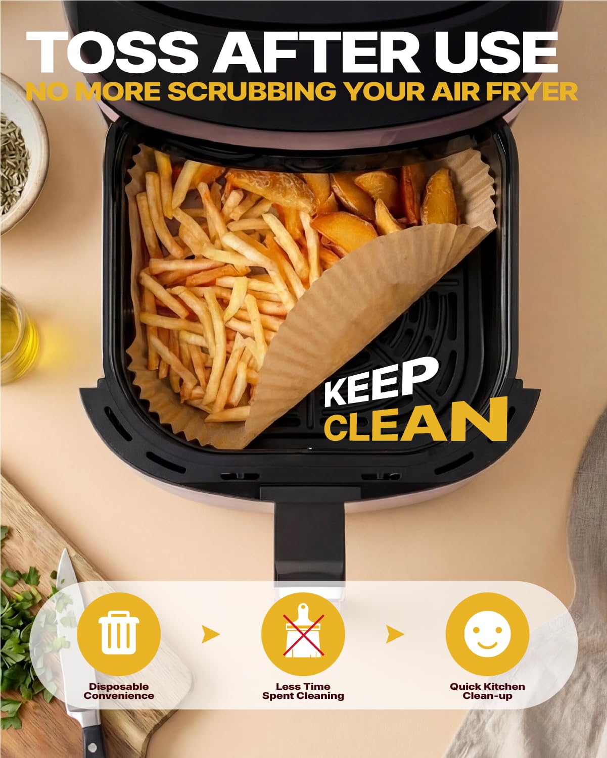 Katbite Air Fryer Liners Disposable - 8 inch Square Non-Stick Airfryer Paper Liners, Unbleached Parchment Paper for 5 to 8 Qt Basket, Frying, Baking, Cooking, Roasting, Easy Cleanup, 130pcs