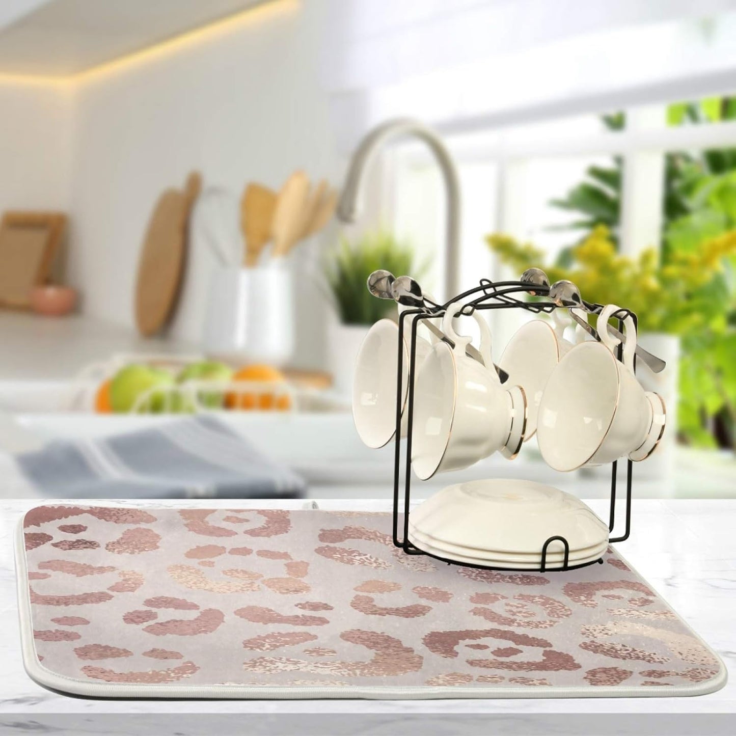 OREZI Absorbent Dish Drying Mat, Rose Golden Leopard Print, 16 x 18 Inches for Kitchen Counter