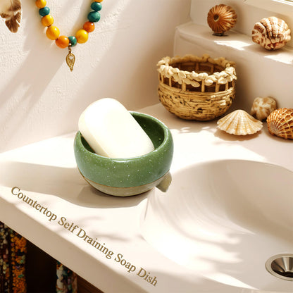 Wowhalolo Self Draining Soap Dish and Soap Holder with Drain Spout for Sink, Shower, Bathroom, and Kitchen - Compact Resin Sponge Holder and Organizer, Keep Dry and Easy Cleaning Design, Green