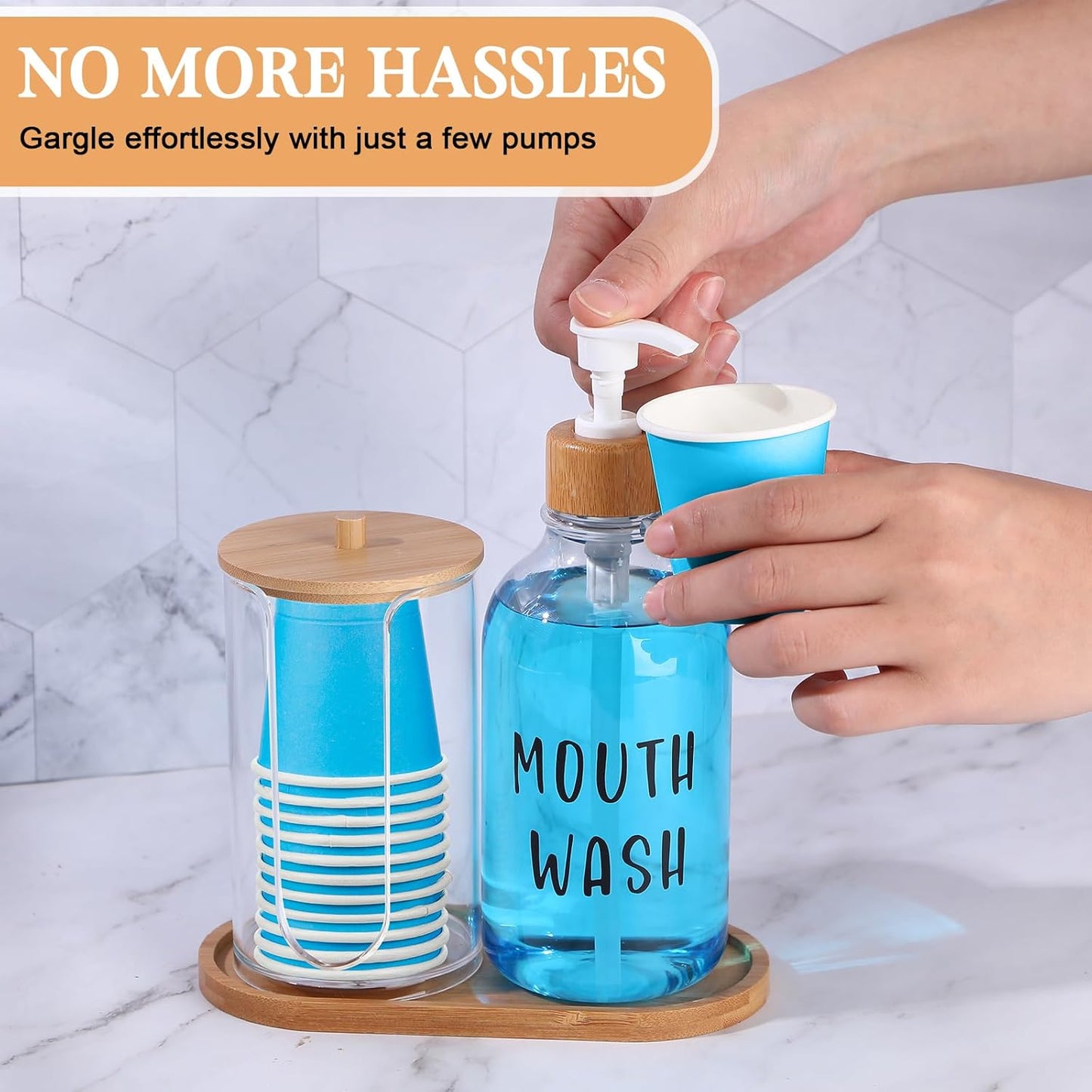 1 Set 17 Oz Mouthwash Dispenser for Bathroom Refillable Mouth Wash Pump Bottle Paper Cup Holder with Bamboo Lid