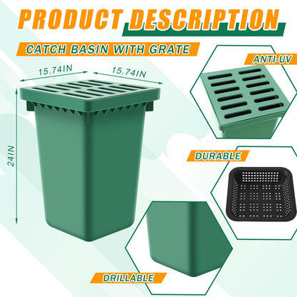 Kritkin Catch Basin with Grate 15 x 15× 24 Inch Square Large Catch Basin for Drainage with Debris Basket French Drain Without Reserved Hole for Yard, Downspout, Lawn, Municipal Pipeline, Green