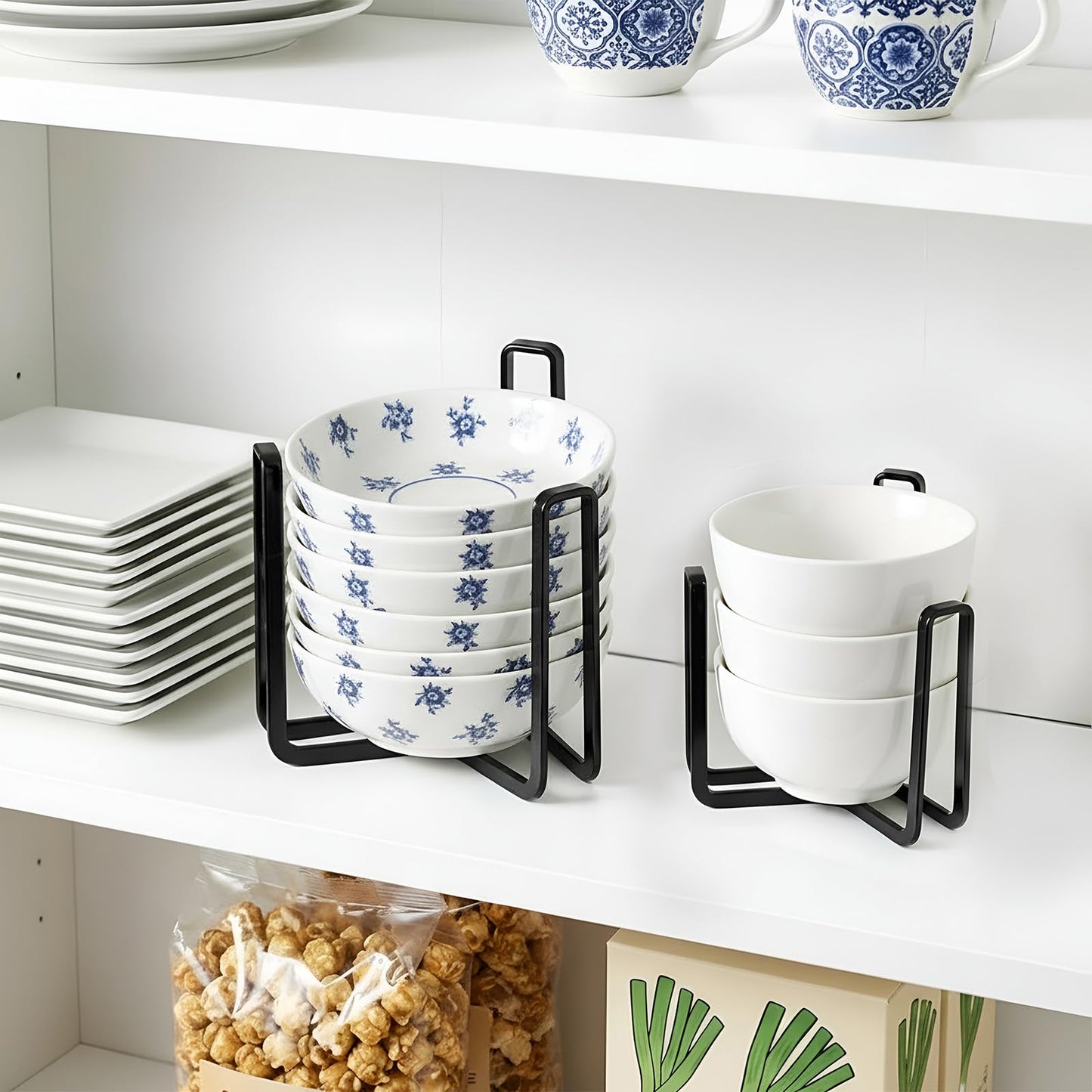 AOZUO 4 Pcs Dinnerware Bowl Plate Holder Fit for 4.7 and 6.5 Inches Diameters Bowl, Metal Bowls Storage Dying Display Rack Bowls Holder Organizer for Kitchen Drawer Countertop Cabinet Cupboard Shelf