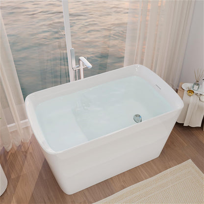 Mokleba 47" Lucite Acrylic Freestanding Bathtub，Square Shape Japanese Soaking Tub with Seat Desgin,Toe-tap Chrome Right Drain, Slotted Overflow, cUPC Certified,Glossy White