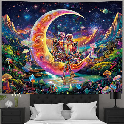 Huzuya Blacklight Skull Tapestry UV Reactive Galaxy Space Tapestries Psychedelic Moon Wall Tapestries Skeleton Lovers Wall Hanging for Bedroom Decor