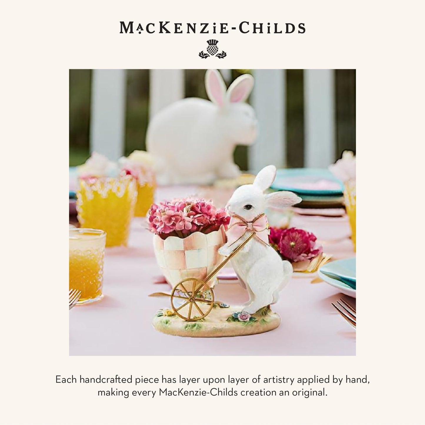 MACKENZIE-CHILDS Bunny Egg Cart Figurine, Resin Spring and Easter Bunny Decor, Rosy Meadow