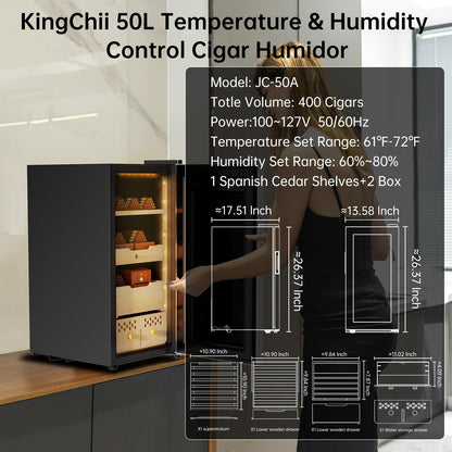 KingChii 50L Electric Cigar Humidor, Compressor Control Temperature (64-72℉) & Humidity (60%-84%), with Spanish Cedar Wood Shelves & Drawer, Gifts for Men (400 Cigars)