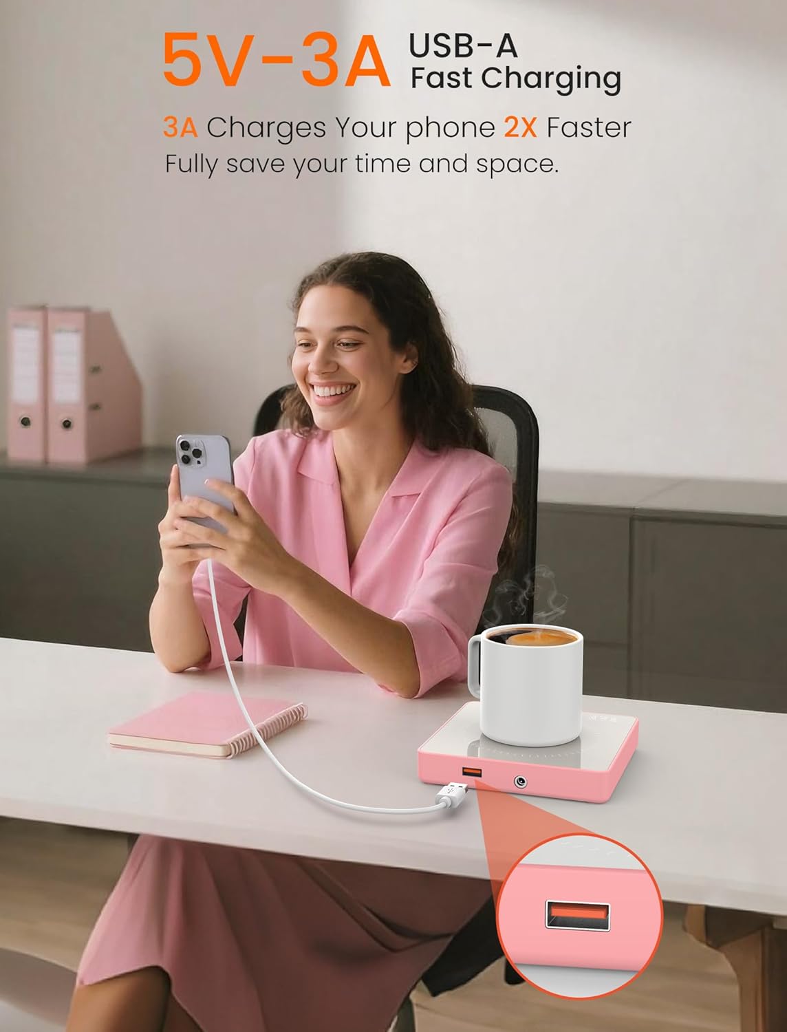 15W 3A 3 Settings 8H Coffee Mug Warmer with Wireless Phone Charger & USB Charging Port, Temp & Auto Shut Off, Candle