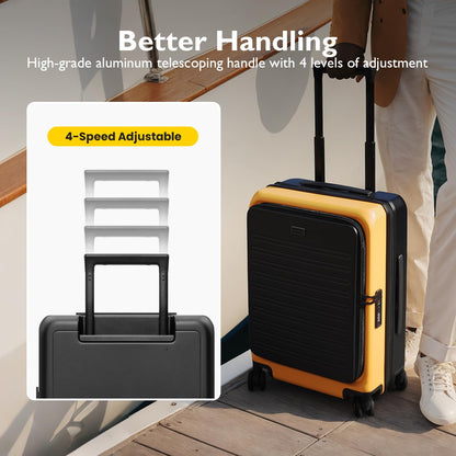 LEVEL8 Top Opening Carry on Luggage with Narrow Trolley Handle, Large Suitcases with Wheels Airline Approved, Expandable Hardside Luggage with Spinner Wheel for Men Women, 20 Inch, Yellow