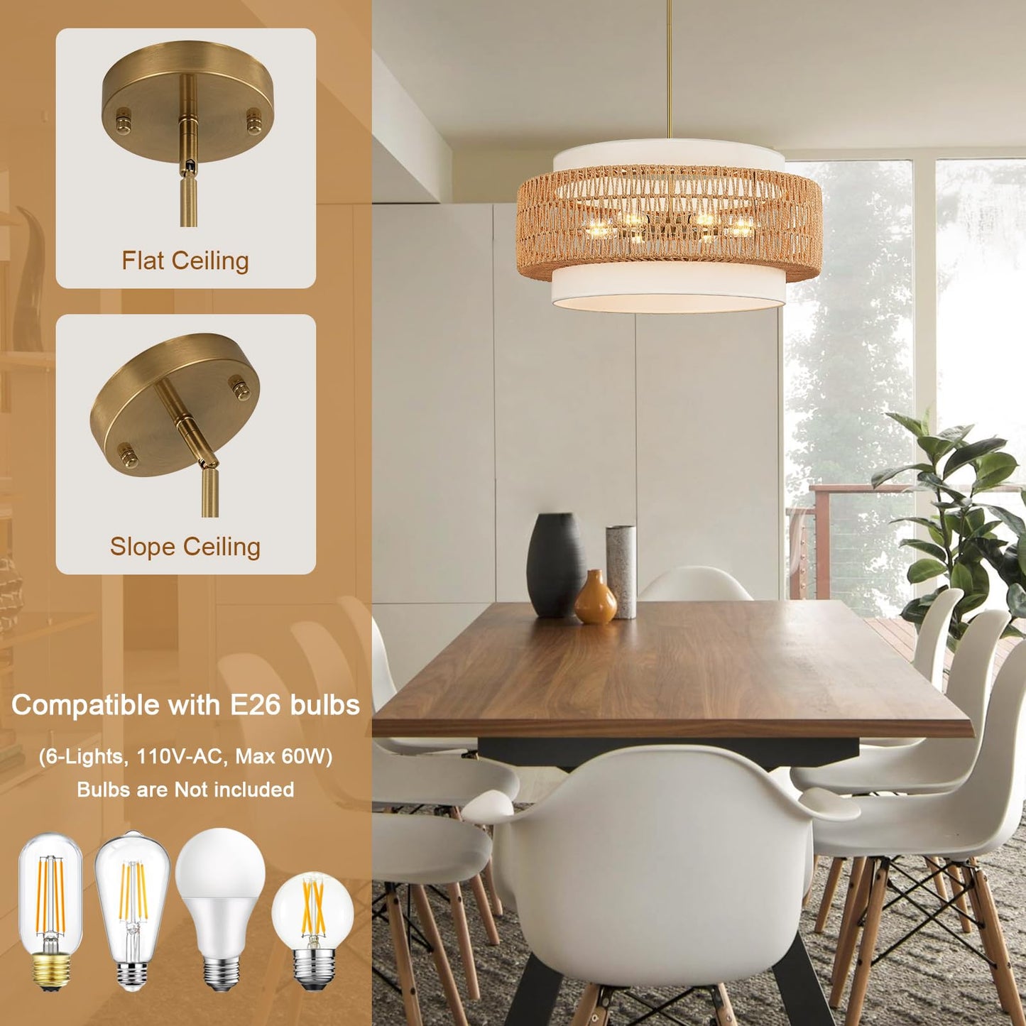 6-Light Boho Rattan Chandelier, 25.6" Large Rattan Pendant Light with Fabric Shade, Farmhouse Hand Woven Chandelier Hanging Ceiling Light for Dining Room, Living Room, Kitchen Island, Foyer, Hallway