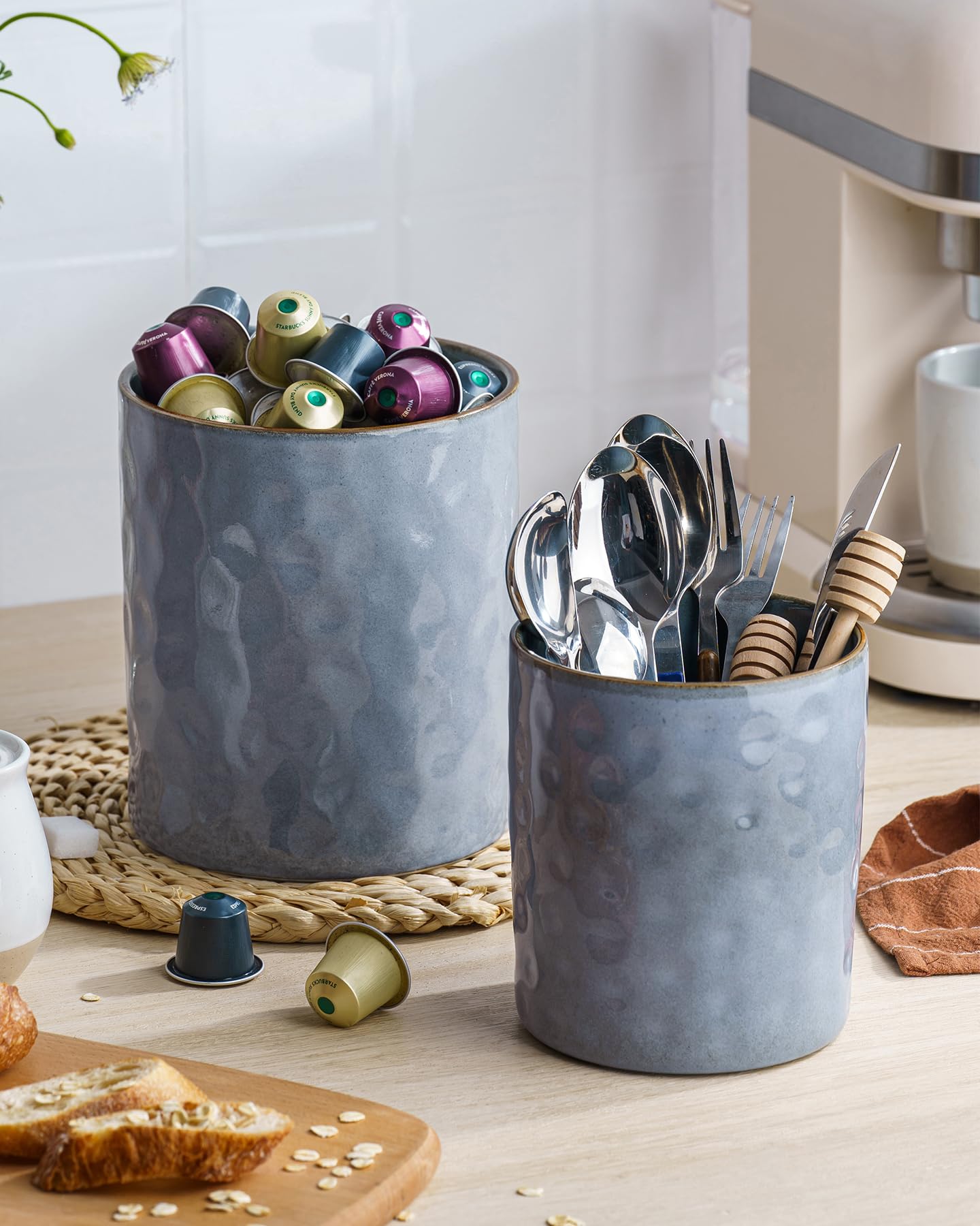 famiware Ocean Utensil Holder, 7.2"+5.8" Ceramic Kitchen Utensil Holder for Countertop, 2 Pieces Cooking Utensil Crocks, Utensil Organizer for Spatula & Spoon, Kitchen Decor, Set of 2, Blue