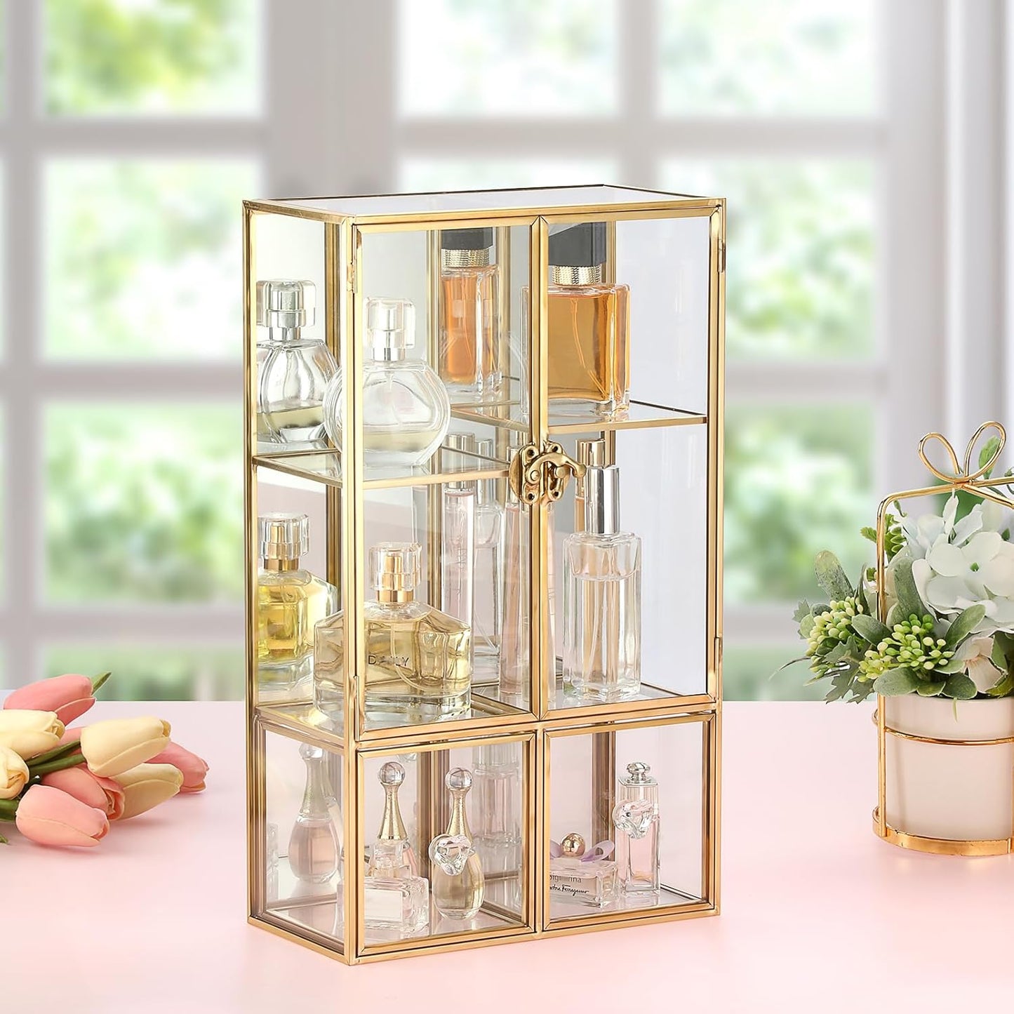 ELLDOO Clear Glass Storage Box with 2 Drawers, Gold Mirrored Jewelry Makeup Display Organizer Case