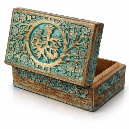 Great Birthday Gift Handmade Decorative Wooden Jewelry Box With Tree Of Life Carving Jewelry Organizer Keepsake Box Treasure Chest Trinket Holder Watch Box Storage Box Housewarming Gifts (Blue)