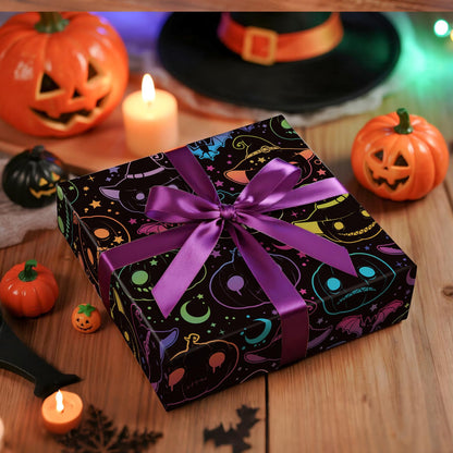 LeZakaa Halloween Pumpkin Wrapping Paper Roll, 13" Gift Bag with Tissue Paper, Gift Tag, and Card, Evil Pumpkin Fluorescent Black Design for Halloween, Holidays, Party