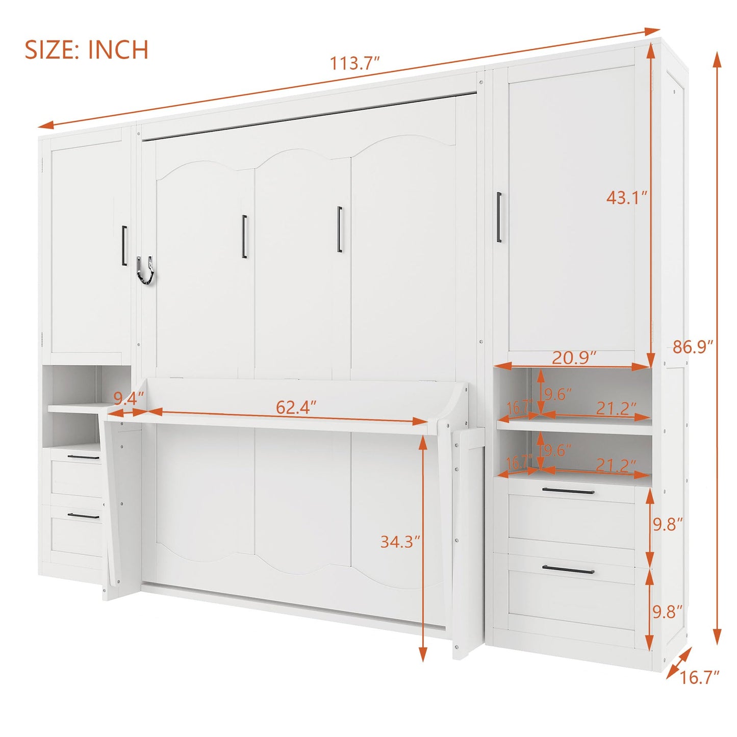 Merax Queen Size Murphy Bed with Desk, Multifunctional Foldable Wall Bed with Closet, Drawers and Shelves, Space-Saving Wood Platform Bed Frame for Small Spaces Studio Study Office Guest Room, White