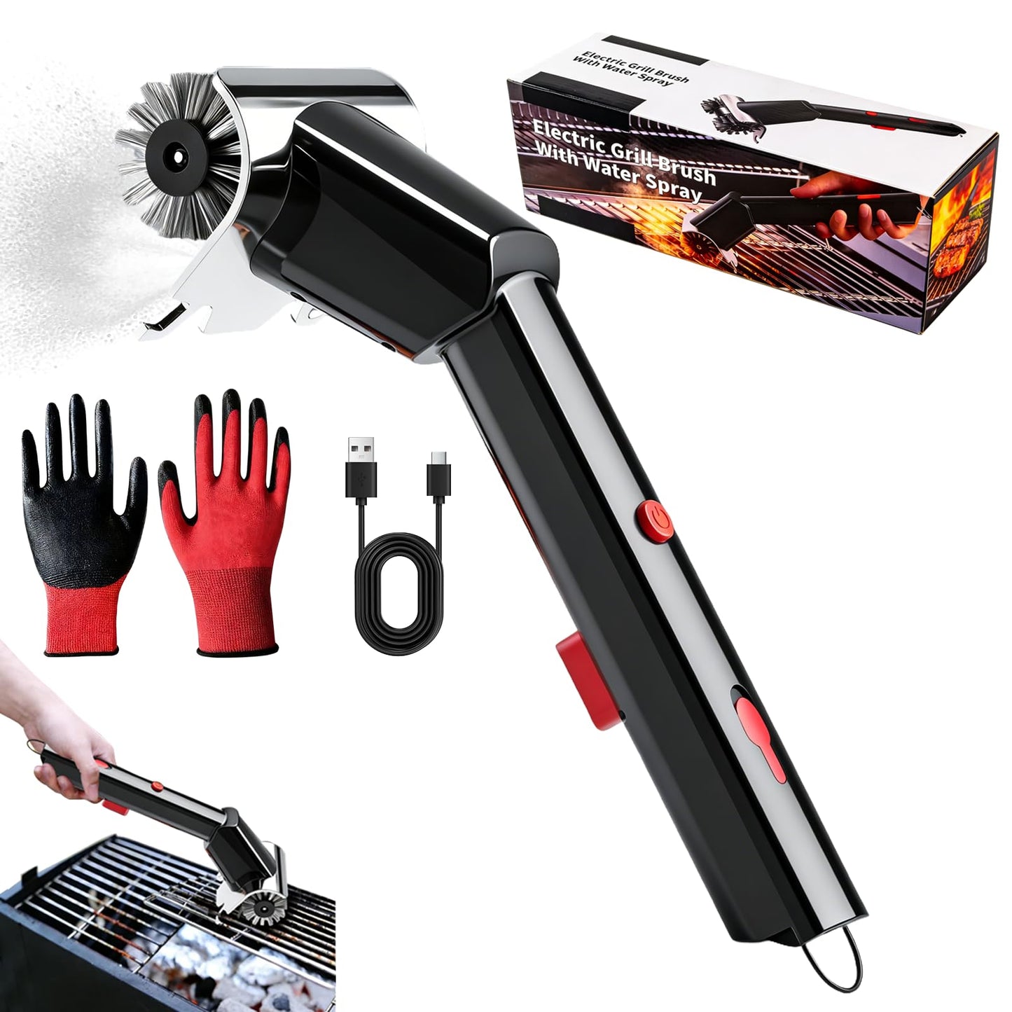 Electric Grill Brush with Water Spray & LED Light, 2600mAh Rechargeable BBQ Cleaner with 2 Speed Modes, 100 Mins Runtime, 304 Stainless Steel Heat Resistant Grill Brush for Outdoor Camping