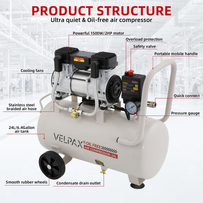 Ultra Quiet Air Compressor, Only 60dB, 6.4 Gallon Tank, Oil-Free, 110V/60Hz 2HP, 6.71CFM@115PSI, Air Compressor Perfect for Spray Painting, Auto Repair, Tire inflation, Woodwork nailing