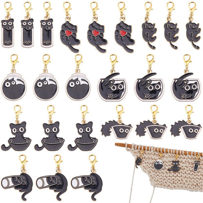 Hobbspring 24Pcs Stitch Markers for Crocheting and Knitting 8 Styles Black Cat Alloy Lobster Clasps Enamel Locking Charms Durable Craft for Knitting Earring Jewelry Making Accessories