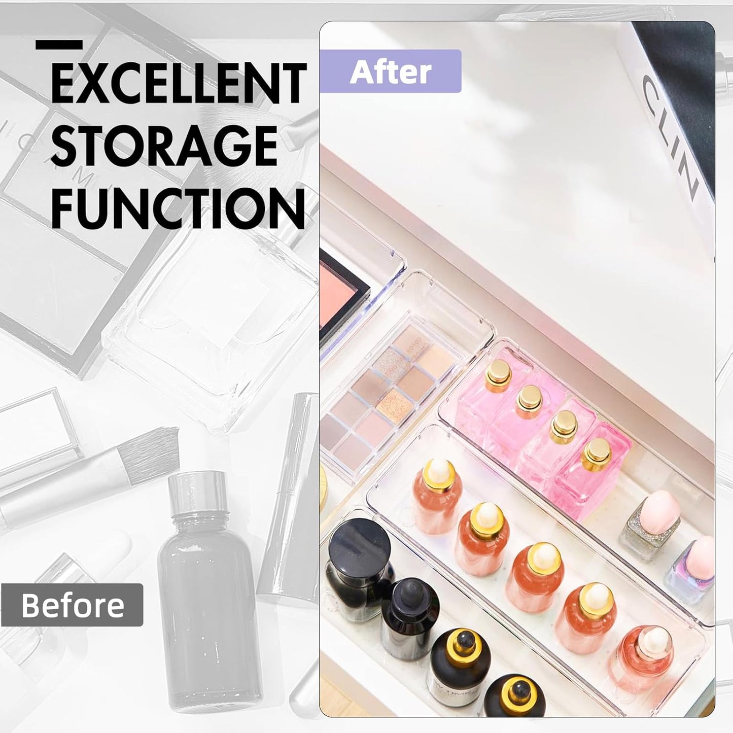 HOUSE DAY Desk Drawer Organizer Bins, 4 PCS Clear Drawer Organizers with Silicone Pads for Makeup, Office