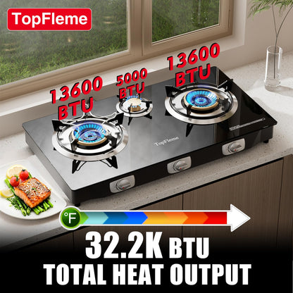 TopFleme 3 Burner Propane Stove 32,300 BTU High-Efficiency Tempered Glass Auto-Ignition Gas Burner Stove Top with CSA Hose for Outdoor RV Camping Emergency Cooking