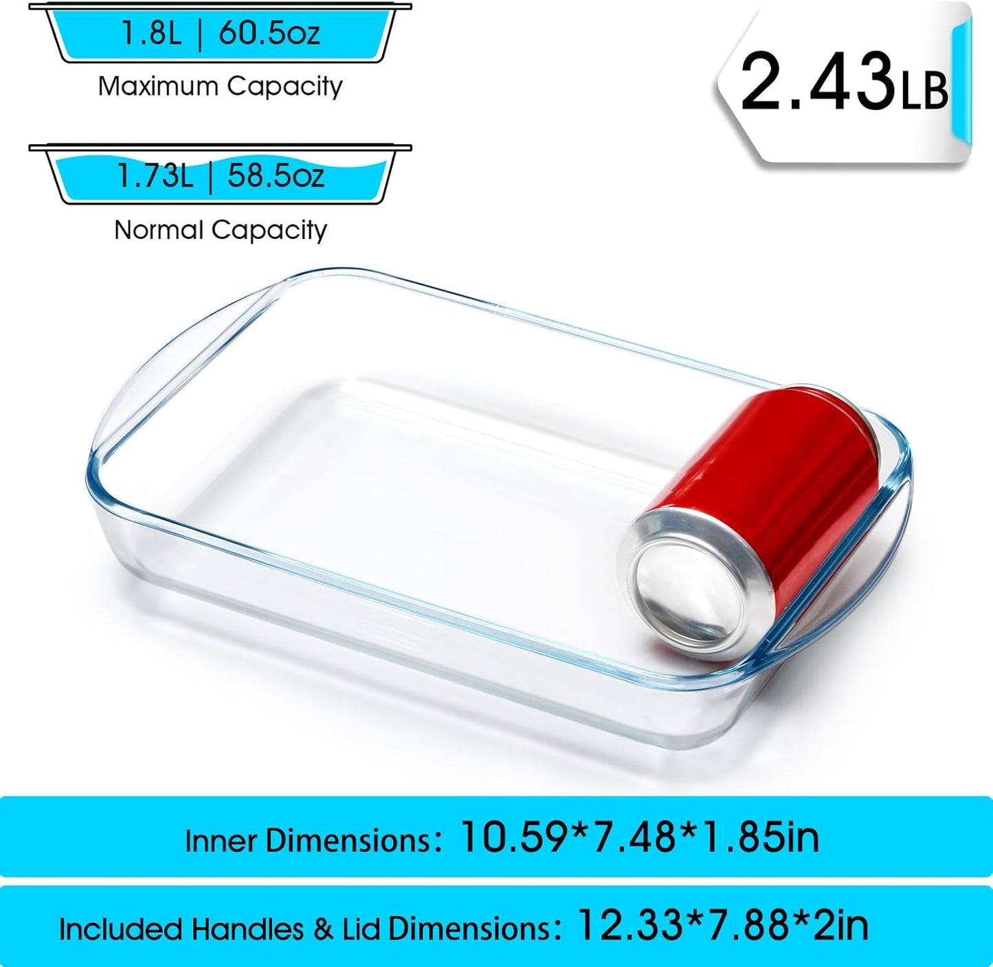 NUTRIUPS 1.8 Quart Glass Baking Dishes, Tempered Glass Lasagna Baking Pan, Rectangular Oven Safe