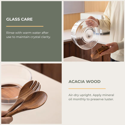 muso wood Salad Bowl Set Large-capacity Glass Salad Bowl with Acacia Wood Base and Salad Spoon-fork Perfect for Family Gatherings and Dinner Parties Mix Effortlessly