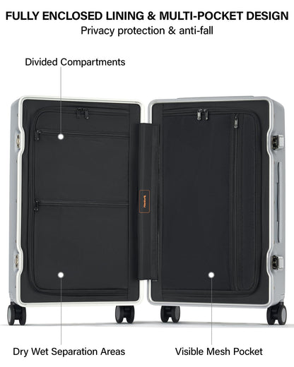 Hanke Premium 24 Inch Zipperless Medium Checked Luggage, Aluminum Frame Hard Shell PC Suitcase with TSA Lock and Multi-Handle Design, 8 Quiet Spinner Wheels for 1-2 Week Trip（Grey）