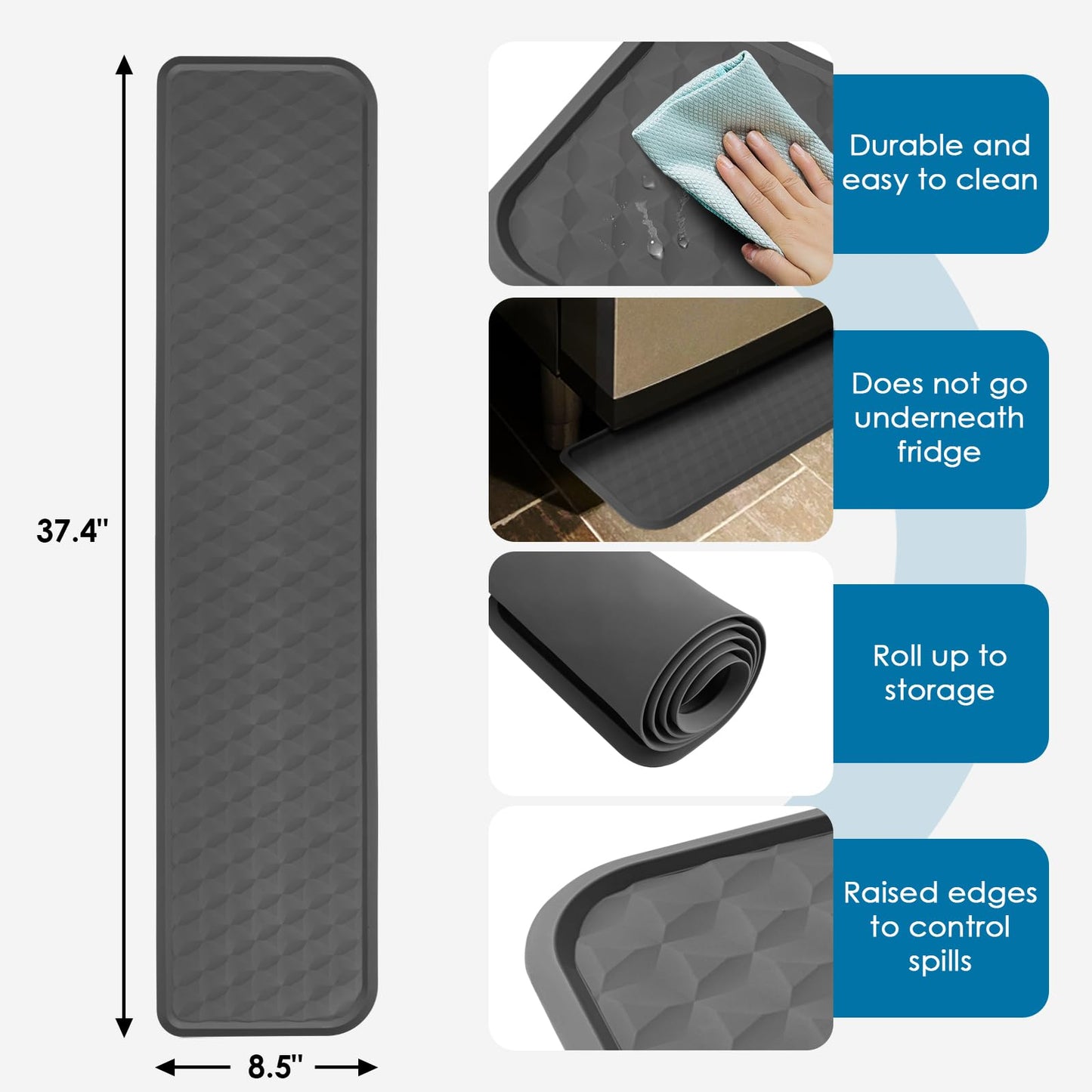 Tiktiger Refrigerator Floor Mat, Non-Slip Under Fridge Mats and Silicone Drip Tray, 37" Appliance Spill Liner and Refrigerator Floor Protector Leak Catcher Mat Fridge Floor Mats - Gray 37.4'' x 8.5''