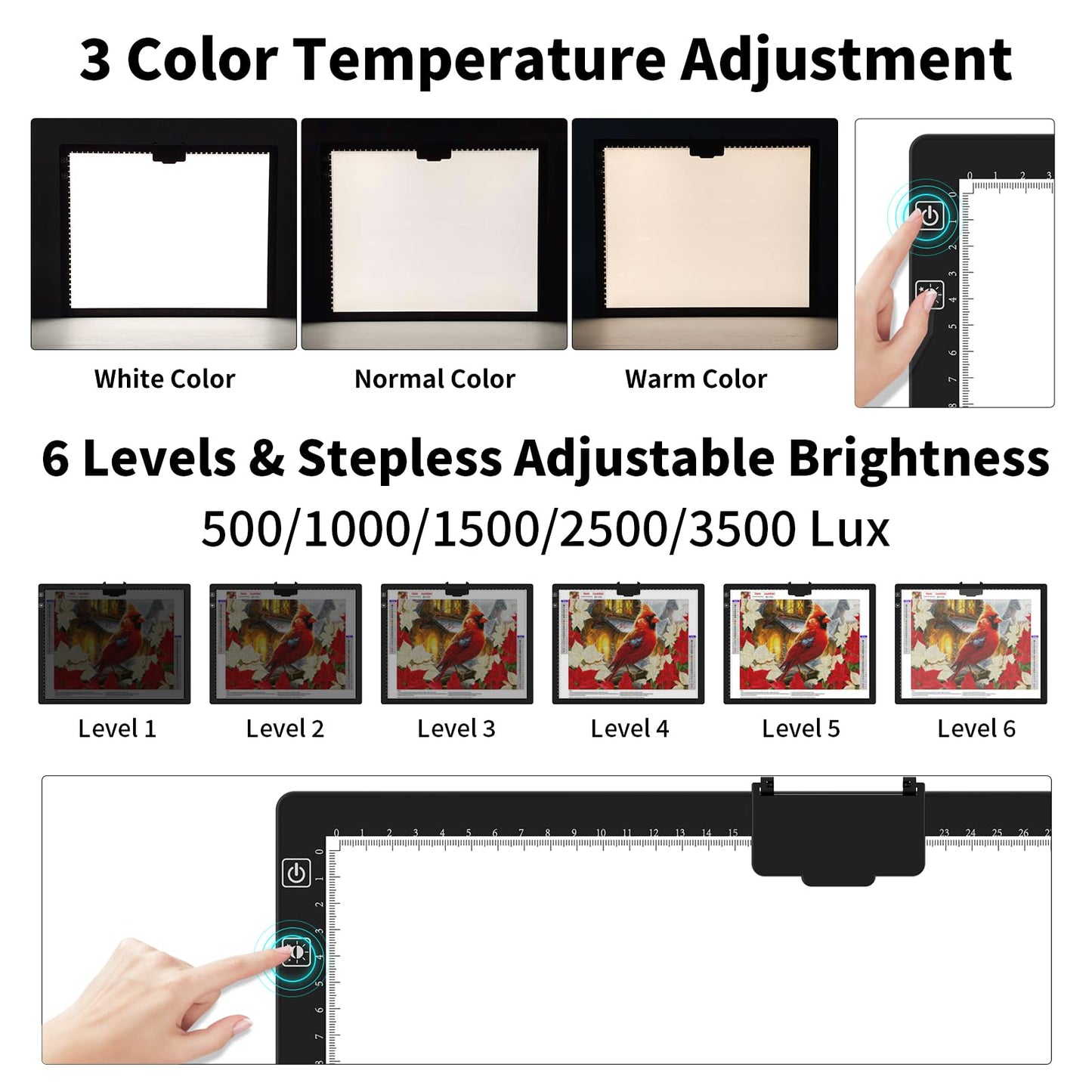 HIUKCOLED Rechargeable A3 Light Pad with Diamond Painting Light Board Carry Bag, Built-in Foldable Stand＆top Clip, 3 Colors/Stepless/6-level Brightness, Battery Powered Wireless LED Tracing Box