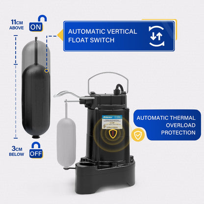 Acquaer 1/3 HP Submersible Sewage/Effluent Pump,3680 GPH Cast Iron Sump Pump with Automatic Integrated Snap-action Float Switch for Basement,Flooding Area…