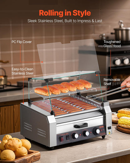 VEVOR Hot Dog Roller, 30 Hot Dog 11 Rollers, Stainless Steel Sausage Grill Cooker, 1950W Hot Dog Machine with Bun Warmer, Cover, 3 Temp Control, Side Storage Box, Oil Drip Tray, for Home & Commercial