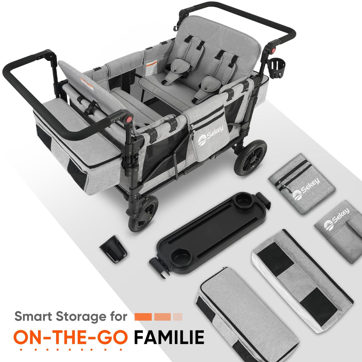 Sekey 4 Seater Stroller Wagon for Kids - Premium Quality with Convertible Seats, Adjustable Push Handles, Removable Canopy, Snack Tray & Cooler, US Certified.