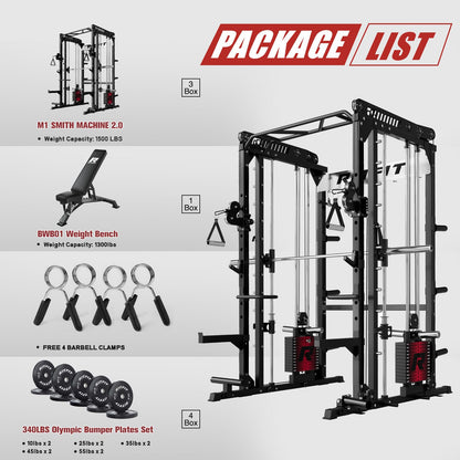 RitFit M1 Pro Smith Machine Package, All-in-One Power Cage with Weight Stack Set, Includes LAT Pulldown & Cable Crossover System for Home Gym