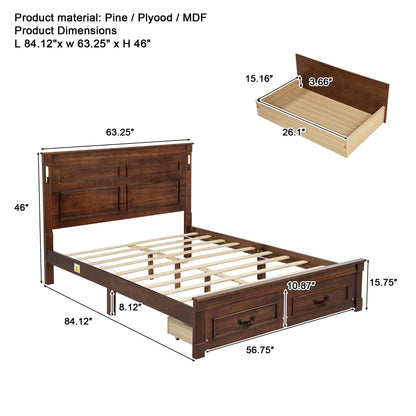 KEIKI Queen Size Farmhouse Bed Frame with 2 Storage Drawers & LED Lights & USB-C Charging Ports, Solid Wood Platform Bed with Tall Panel Headboard & Footboard, No Box Spring Needed, Walnut