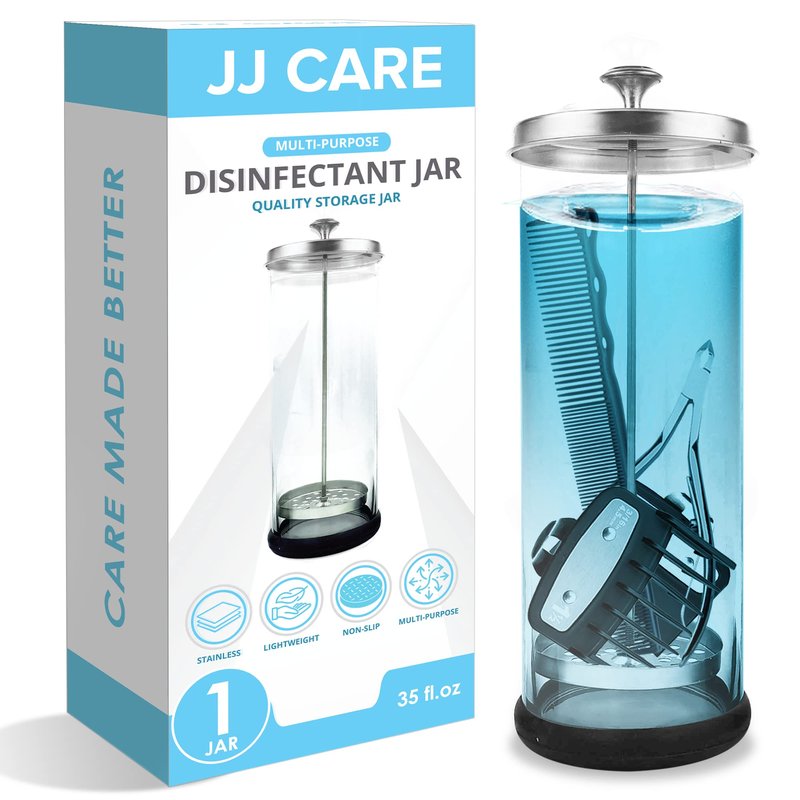 JJ CARE Disinfectant Jar (35oz) - Barber Disinfectant Jar Glass, Sanitizer Container w/Stainless Steel Removable Strainer & Cap for Manicure, Salon, Spa and Barber Tools - Silver Lid