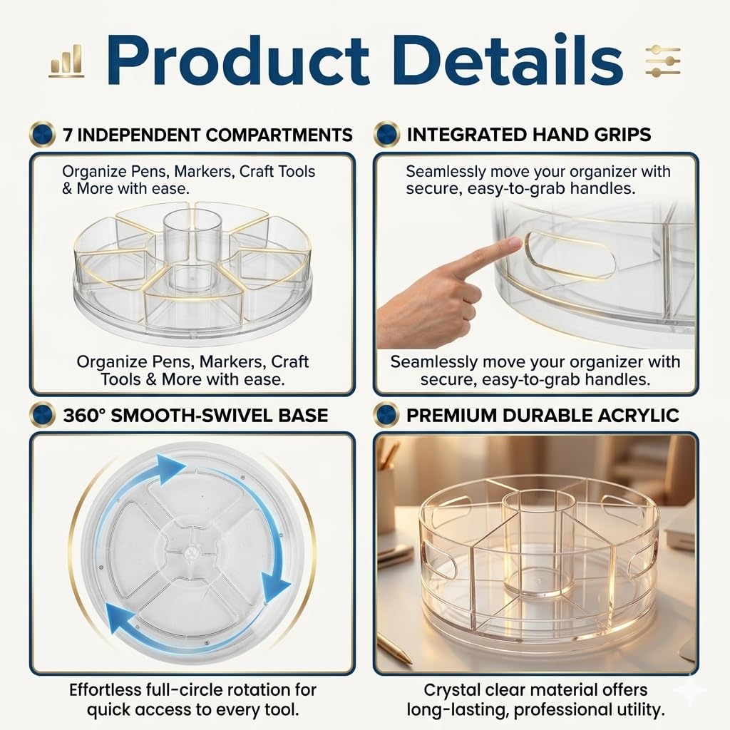 CraftGenes Rotating Desk Organizer, 360° Acrylic Pen Organizer for Desk with 7 Removable Compartments, Extra-Large Pen Holder for Office Supplies, Markers, and Art Supplies, Clear Pencil Holder