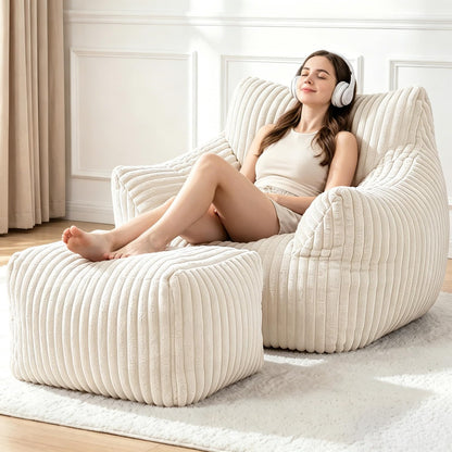 Giant Bean Bag Chair with Footstool for Adults, Fluffy Boneless Lounge Sofa Chair, Superior Large Reading Floor Sofa Bed, Oversized Accent Comfy Couch for Living Room, Bedroom (Beige, with Ottoman)