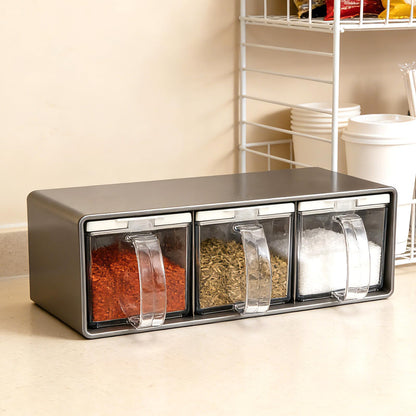 yaenoei 3 Grids Seasoning Organizer Box, Stainless Steel Spice Containers with Lid and Spoon, Storage Rack for Salt, Sugar, Pepper, Spices, Suitable for Home Kitchen and Cafe Use