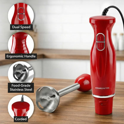 OVENTE Immersion Hand Blender, 300W Electric Handheld Stick Mixer with 2 Mixing Speeds and Stainless Steel Blades for Smoothies, Purees & Baby Food, Red HS560R