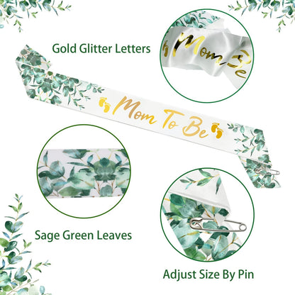 Neutral Sage Green Mom to Be Sash, Baby Shower Dad To Be Pin, Gold Glitter Letters Eucalyptus Leaves Satin Sash
