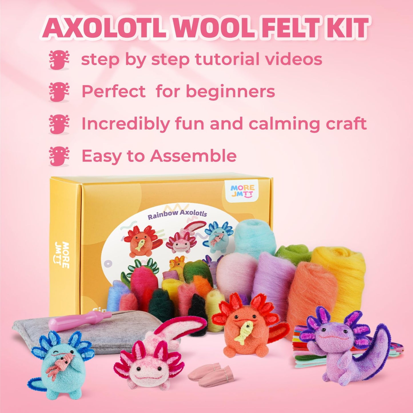 MOREJMTT Needle Felting Kit, 6 PCS Animal Needle Felting Beginner Kits, Wool Felt Needle Felting Tools Foam Pad, Craft Party Supplies for Beginners Adult(6pack Axolotl)