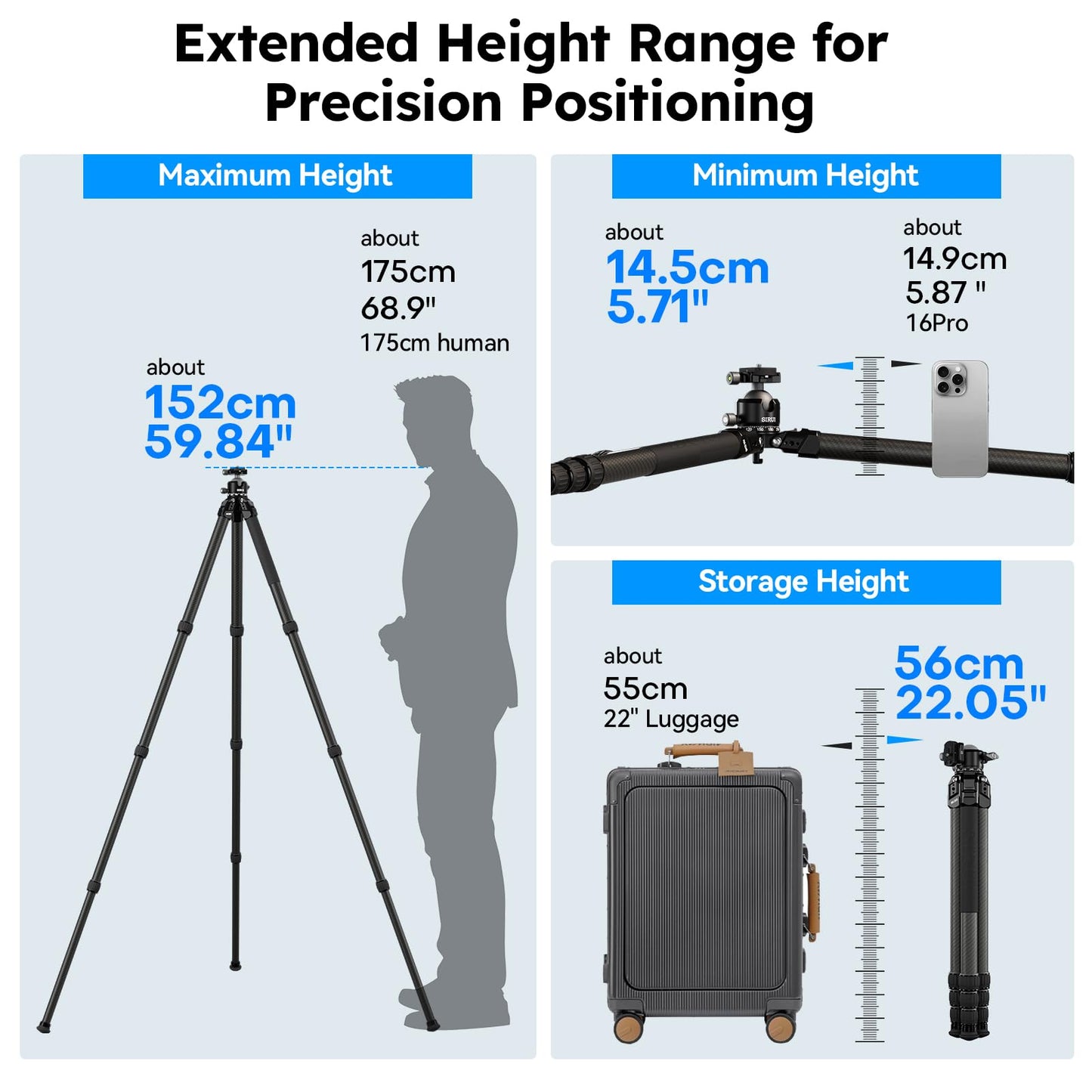 SIRUI Heavy-Duty Carbon Fiber Tripod, 59.8” Pro Tripod with Low Center of Gravity Ball Head, 44lbs Load, 6 Mounting Ports, Corrosion Resistance–for DSLR, Mirrorless, Telephoto, Wildlife（AM-324S+G1）