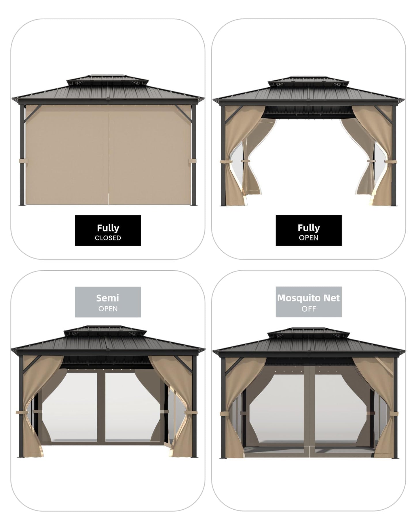 12'X14' Hardtop Gazebo, Metal Double Roof Aluminum Gazebos with Curtain and Netting, Permanent Galvanized Steel Pavilion, Heavy Duty Poles for Patio, Deck, Backyard, Lawn, Garden, Brown